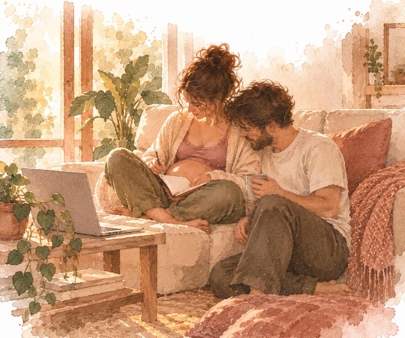 Acuarela: pareja en el sillón de su casa frente a una laptop